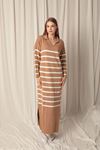 Knit Fabric Striped Shirt Collar Camel/Ecru Dress