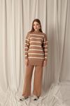 Knitted Fabric Striped Women's Tan Suit