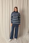 Knitted Fabric Striped Women's Indigo Suit