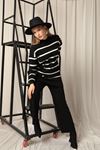 Knitwear Fabric Striped Women's Black Suit