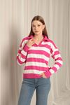 Knitwear Fabric Striped Shirt Collar Women's Fuchsia Sweater