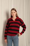 Knitwear Fabric Striped Shirt Collar Women's Red Sweater