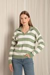 Knitwear Fabric Striped Women's Shirt Collar Dark Mint Sweater