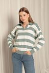 Knitwear Fabric Striped Shirt Collar Women's Mint Sweater