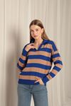 Knitwear Fabric Striped Shirt Collar Women's Saxe Sweater