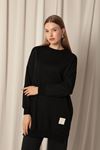 Double Yarn Fabric Embroidered Women's Black Tunic Sweat