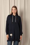 Double Yarn Fabric Embroidered Hooded Women's Navy Blue Tunic Sweat