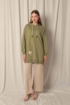 Double Yarn Fabric Embroidered Hooded Women's Khaki Tunic Sweat