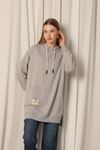 Double Yarn Fabric Embroidered Hooded Women's Grey Tunic Sweat