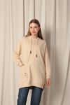 Double Yarn Fabric Embroidered Hooded Women's Beige Tunic Sweat