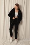 Triple Yarn Kangaroo Pocket Zippered Hooded Women's Black Sweat