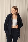 Triple Yarn Kangaroo Pocket Zippered Hooded Women's Navy Blue Sweat