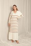 Knit Fabric Striped Shirt Collar Ecru/Camel Dress