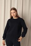 Three Thread Fabric Zero Collar Women's Navy Blue Sweater