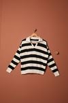 Knitwear Fabric Striped Shirt Collar Women's Stone Sweater