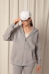 Triple Yarn Kangaroo Pocket Zippered Hooded Women's Dark Gray Sweat