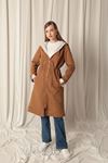 Torino Fabric Striped Hooded Women's Camel Raincoat