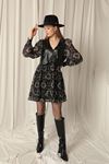 Leather Garnish Printed Chiffon Black Dress