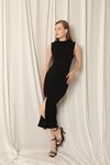 Sandy Fabric Turtleneck Black Dress