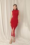 Sandy Fabric Turtleneck Maxi Red Dress