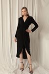 Sandy Fabric Front Twist Detail Women's Black Dress