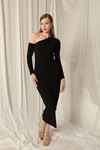 Sandy Fabric Buttoned Black Dress