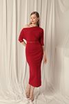 Atlas Crepe Fabric Buttoned Sleeves Red Dress