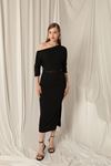 Atlas Crepe Fabric Black Dress with Buttoned Sleeves