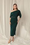 Atlas Crepe Fabric Buttoned Sleeves Emerald Green Dress