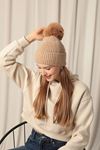 Women's Beige Beanie with Pompom