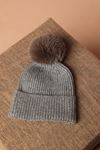 Women's Grey Beanie with Pompom