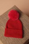 Women's Red Beanie with Pompoms