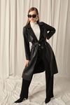 Leather Fabric Women's Black Trench Coat