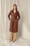 Leather Fabric Women's Brown Trench Coat