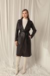 Leather Fabric Women's Dark Brown Trench Coat