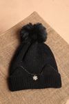 Women's Black Beanie with Polar Fleece Inside and Snowflake Detail