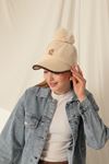 Pompom Embroidered Women's Beige Cap