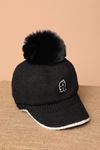 Pompom Embroidered Women's Black Cap