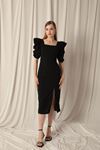 Atlas Crepe Fabric Balloon Sleeve Black Dress