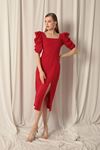 Atlas Crepe Fabric Balloon Sleeve Red Dress