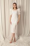 Atlas Crepe Fabric Balloon Sleeve Ecru Dress