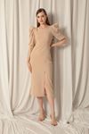 Atlas Crepe Fabric Balloon Sleeve Beige Dress