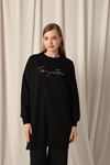 Two Thread Fabric Printed Women's Black Sweat