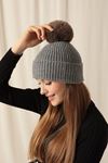 Women's Grey Beanie with Pompom