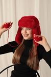 Women's Red Pilot Hat with Fur Earflaps