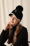 Pompom Embroidered Women's Black Cap