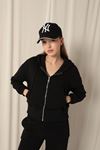 Three Thread Zipper Hooded Short Black Sweat