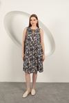 Viscose Fabric Leaf Patterned Dress-Navy Blue